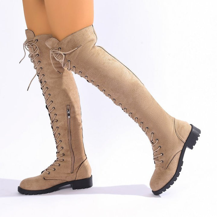 Women's over-the-knee lace-up boots with side zipper, decorative lacing, and textured rubber sole Mune Fashion