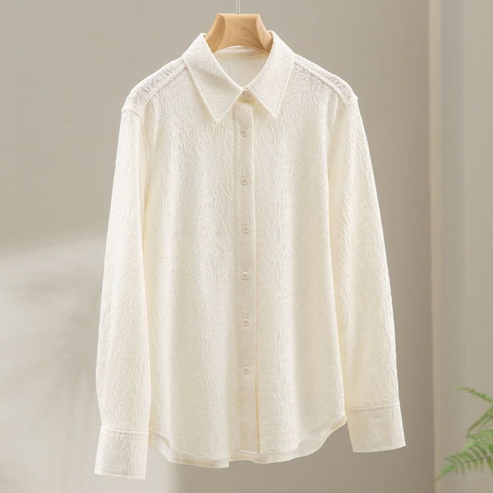 Ladies Textured Oversized Shirt Blouse with Shirt Collar and Cuffs Mune Fashion