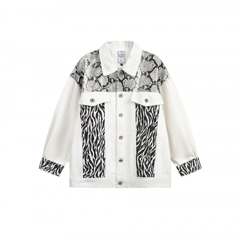 Women's Oversized Denim Jacket in Patchwork Animal Print with Notch Collar and Flap Pockets Mune Fashion
