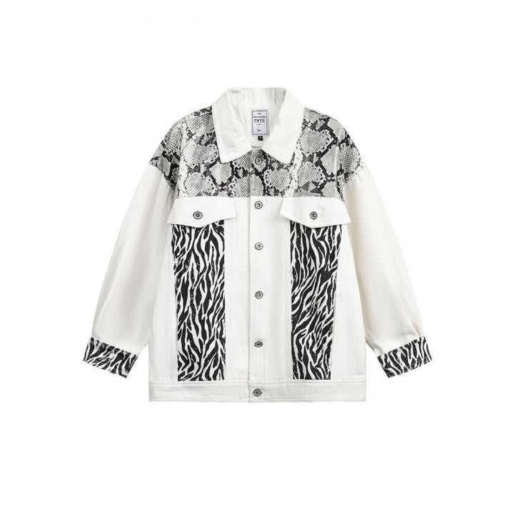 Women's Oversized Denim Jacket in Patchwork Animal Print with Notch Collar and Flap Pockets Mune Fashion