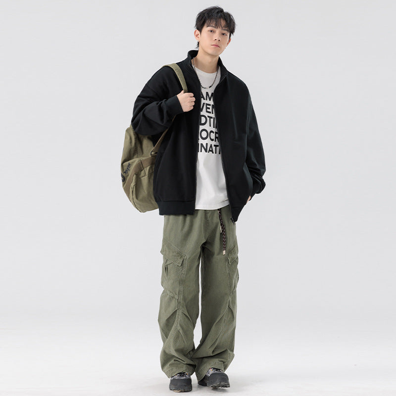 Men's Oversize Sweat Jacket with Stand-Up Collar, Full-Length Zipper and Ribbed Hem Mune Fashion