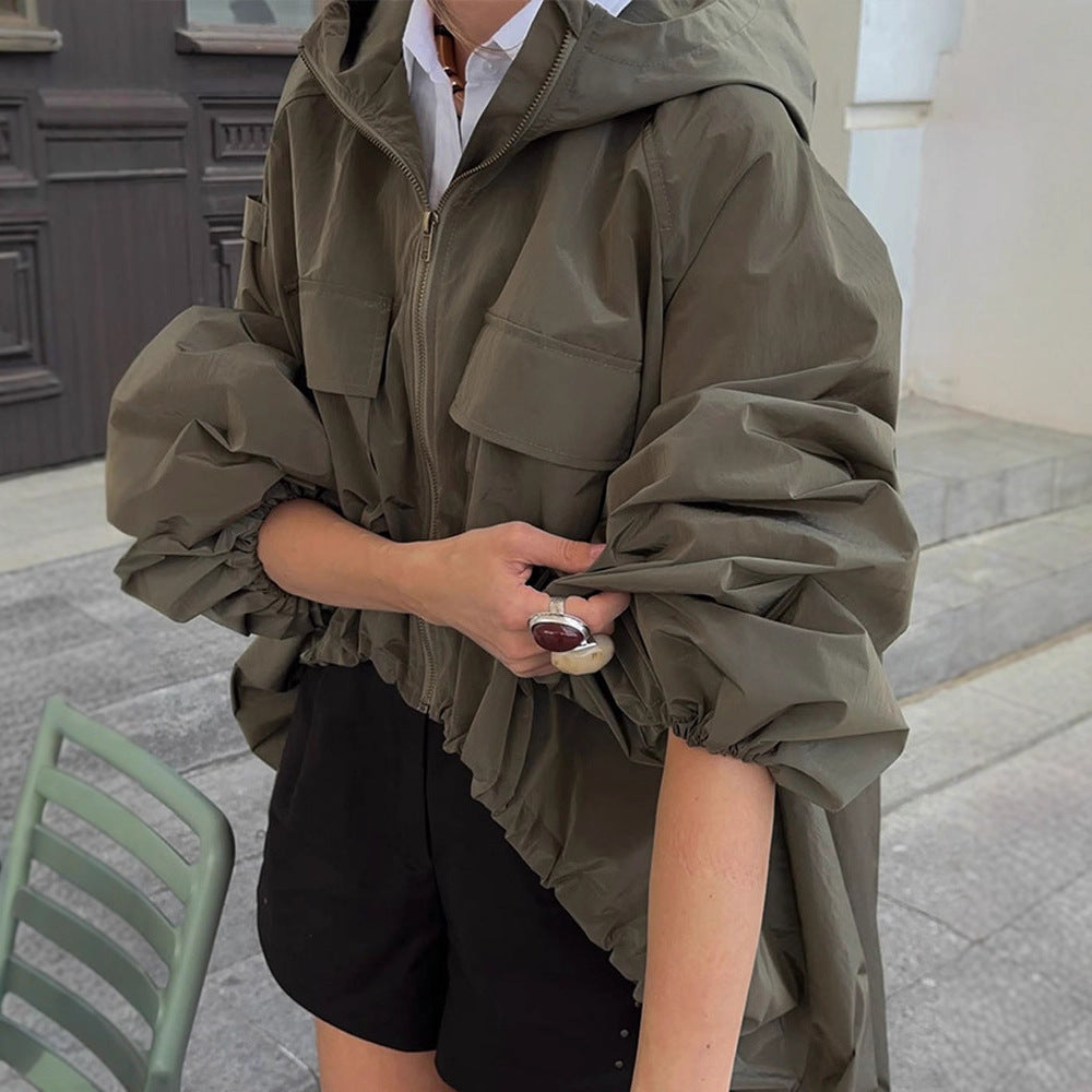 Women Oversized Utility Hooded Jacket with Drawstring, Flap Pockets and Elastic Cuffs Mune Fashion