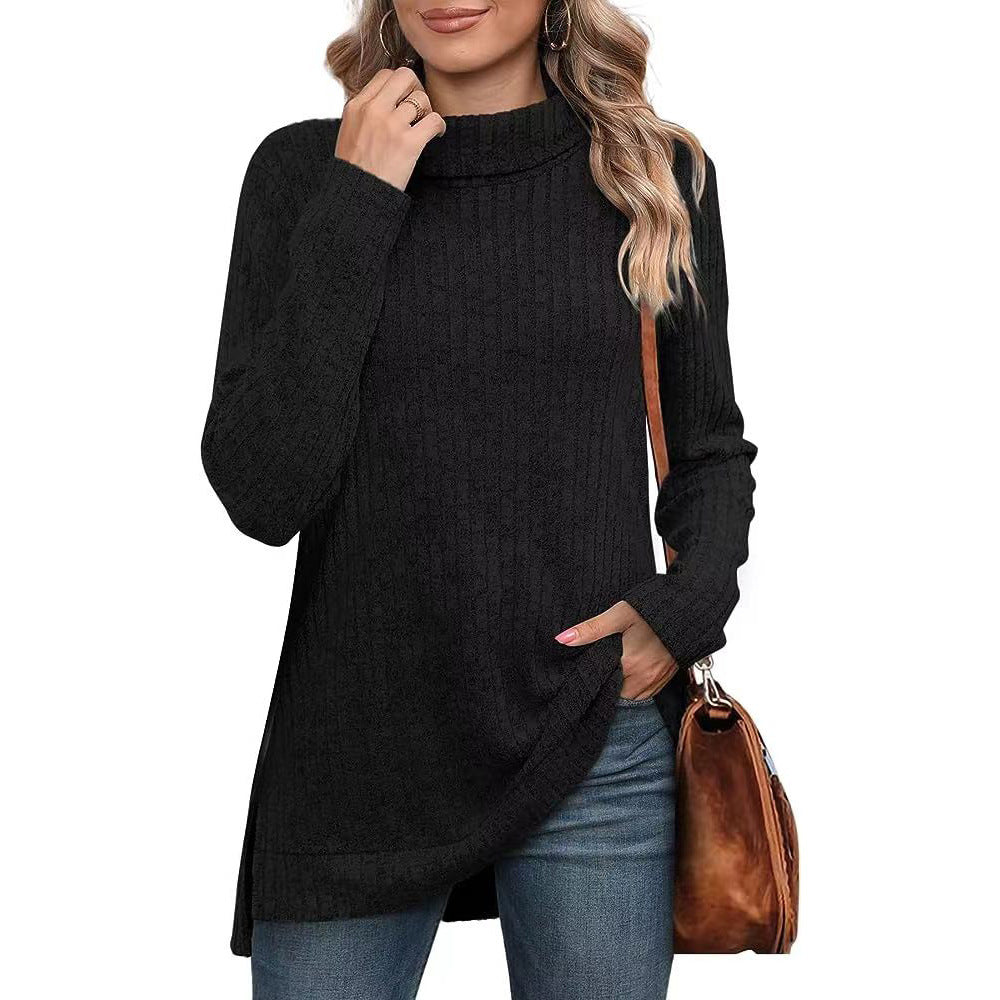 Women's ribbed knit tunic with roll neck, side slits, and extended hem Mune Fashion