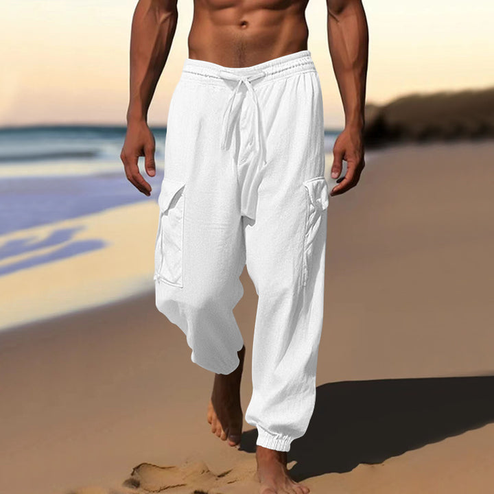 Men's airy linen blend beach pants with cargo pockets and elastic hem Mune Fashion