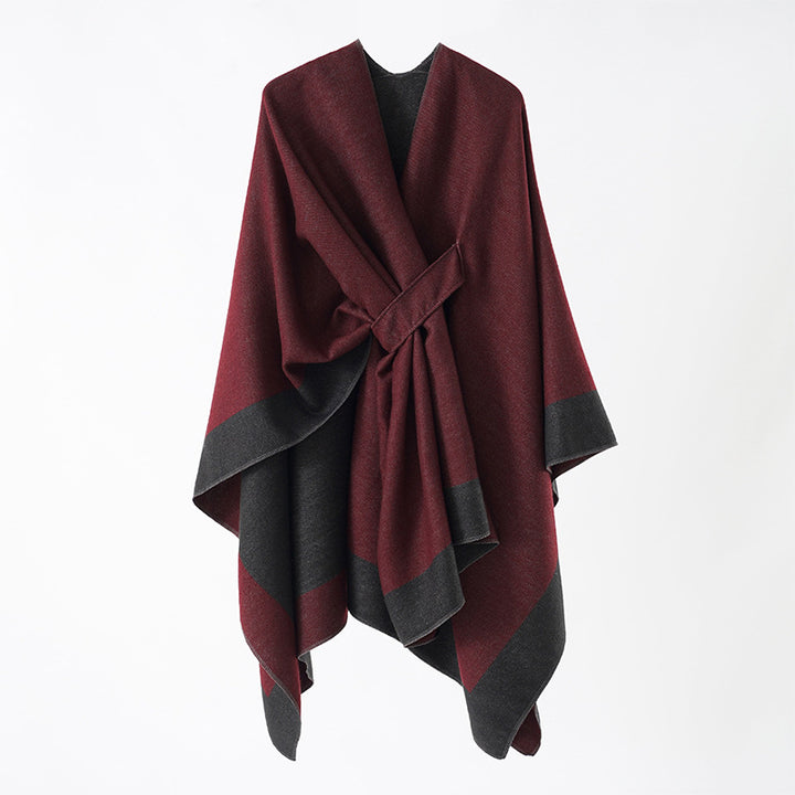 Women's loosely cut cape made of wool blend with tie belt and contrasting edges Mune Fashion