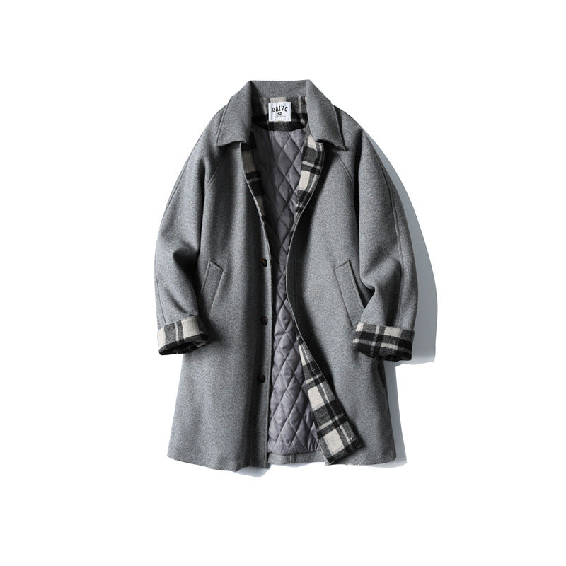 Men's Wool Blend Coat with Checked Lining, Raglan Sleeves and Classic Shirt Collar Mune Fashion