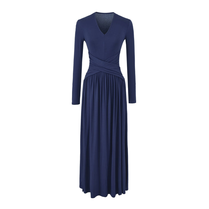Women's V-Neck Maxi Wrap Dress Made of Jersey with Gathered Waist Section Mune Fashion