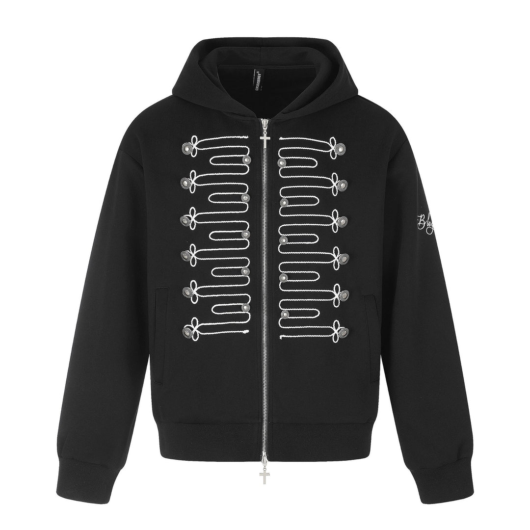 Unisex Hooded Zip Jacket in Military Style with Decorative Cord Application and Cross Zipper Mune Fashion