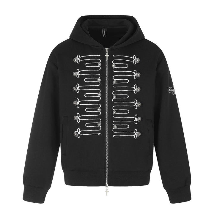 Unisex Hooded Zip Jacket in Military Style with Decorative Cord Application and Cross Zipper Mune Fashion