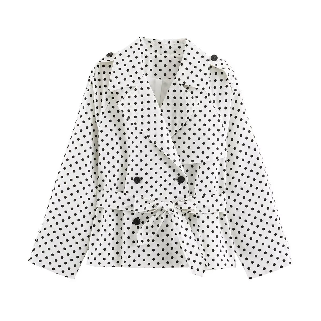 Women's short trench coat with tailored tie belt and polka dot pattern Mune Fashion