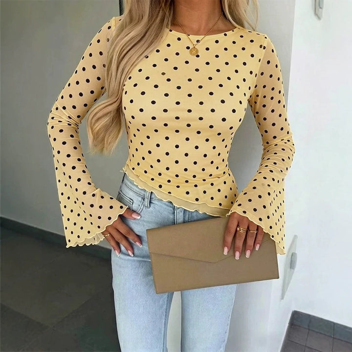 Women's Transparent Mesh Polka Dot Blouse with Tailored Fit and Bell Sleeves Drune