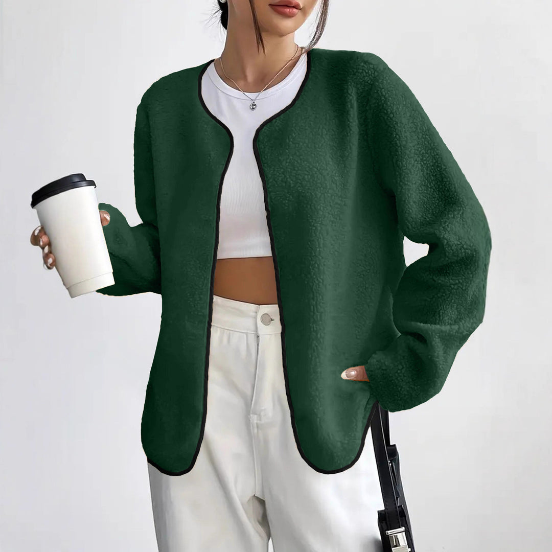 Women's Short Jacket Teddy Fleece Cardigan without Closure with Round Neck Drune