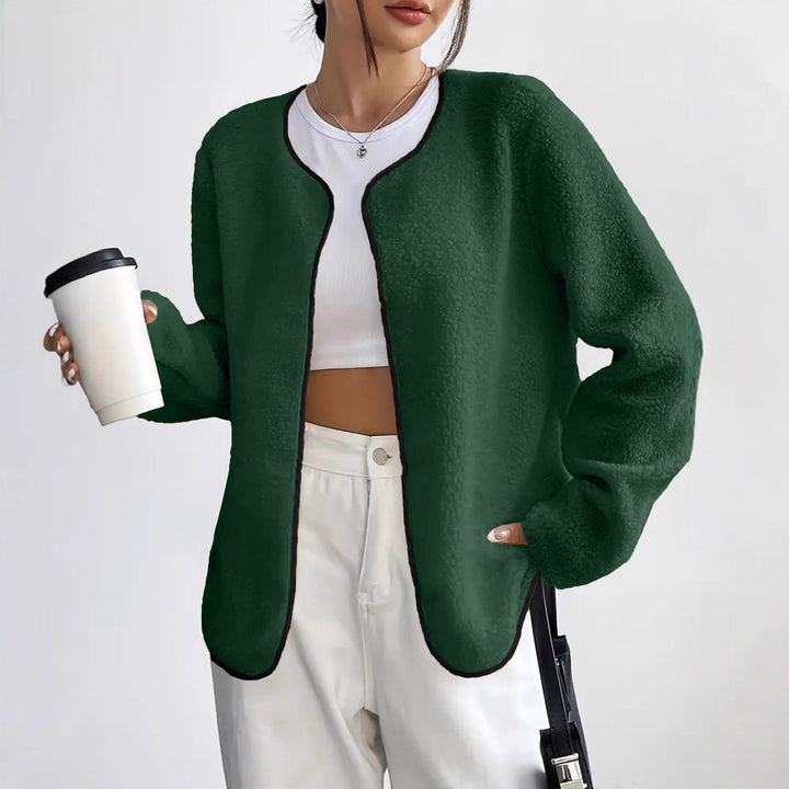 Women's Short Jacket Teddy Fleece Cardigan without Closure with Round Neck Drune