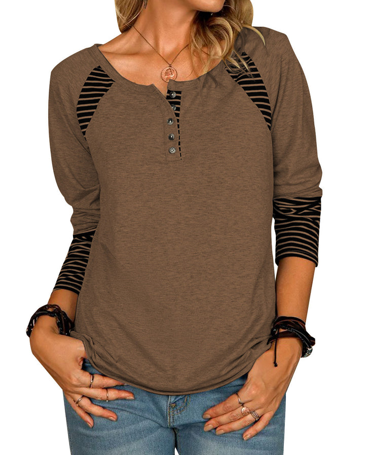Women's Casual Raglan Henley Shirt with Button Placket and Striped Cuff Sleeves Drune