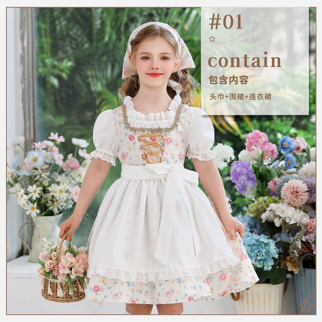 Ladies' traditional Dirndl dress for girls with embroidered apron, ruffle collar, and matching headscarf Mune Fashion