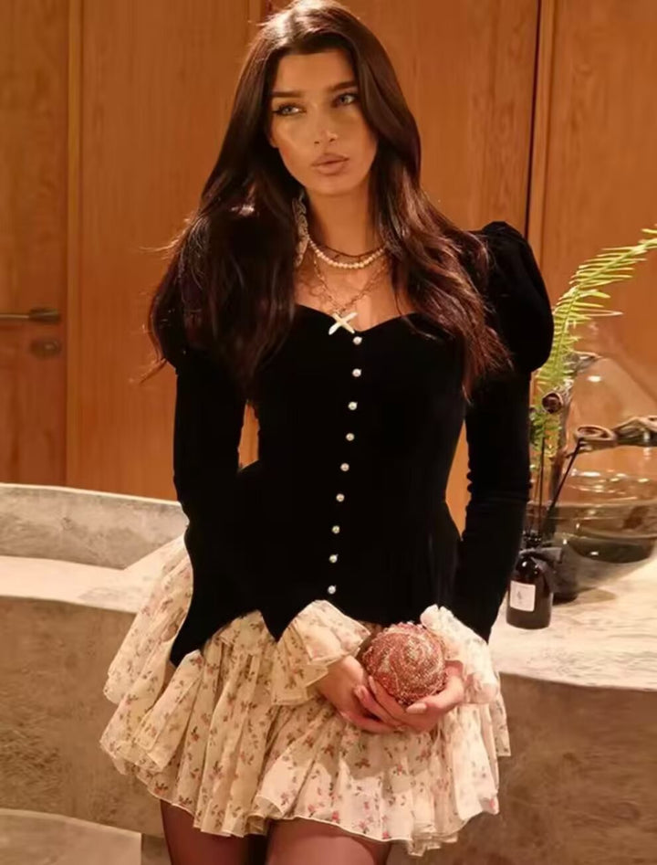 Women's Velvet Corset Top with Puff Sleeves, Heart Neckline and Pearl Button Placket Mune Fashion