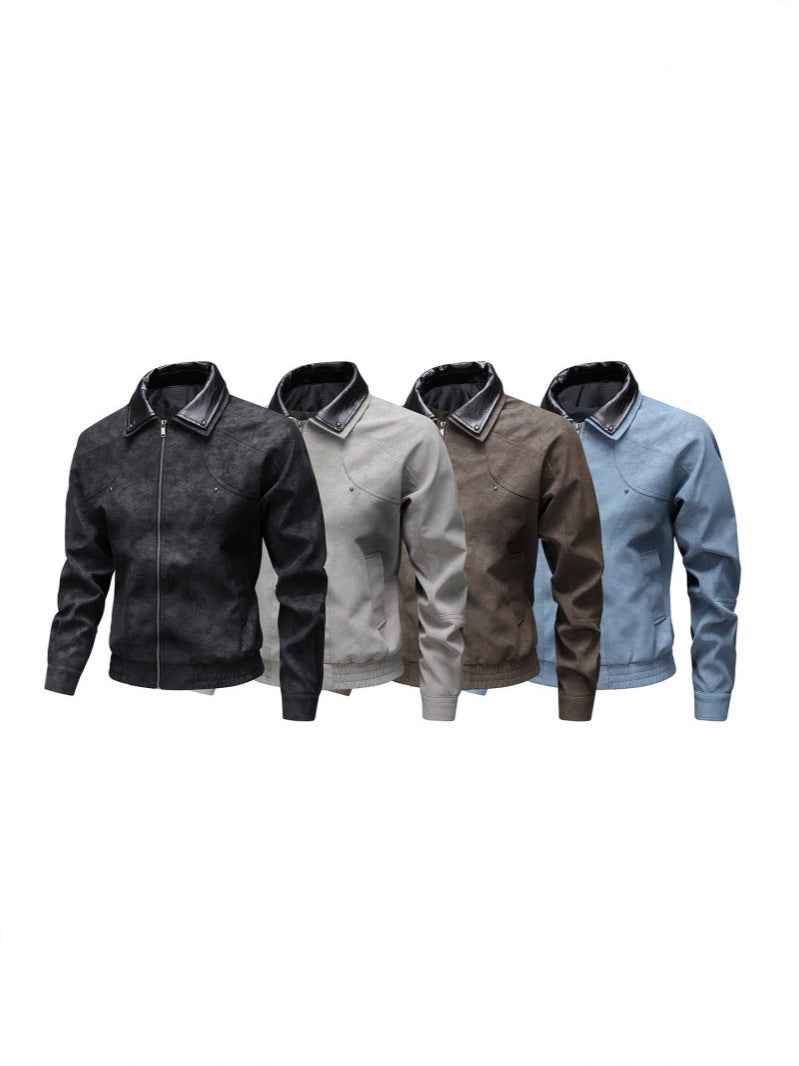 Men's Vintage-inspired Faux Leather Blouson Jacket with Contrast Collar Mune Fashion