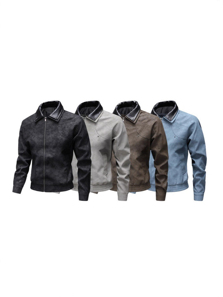 Men's Vintage-inspired Faux Leather Blouson Jacket with Contrast Collar Mune Fashion