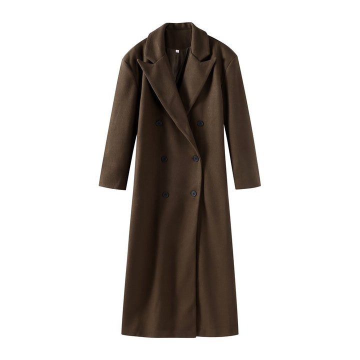 Women's Double-Breasted Maxi Wool Blend Coat with Slim Silhouette and Dropped Lapel Mune Fashion