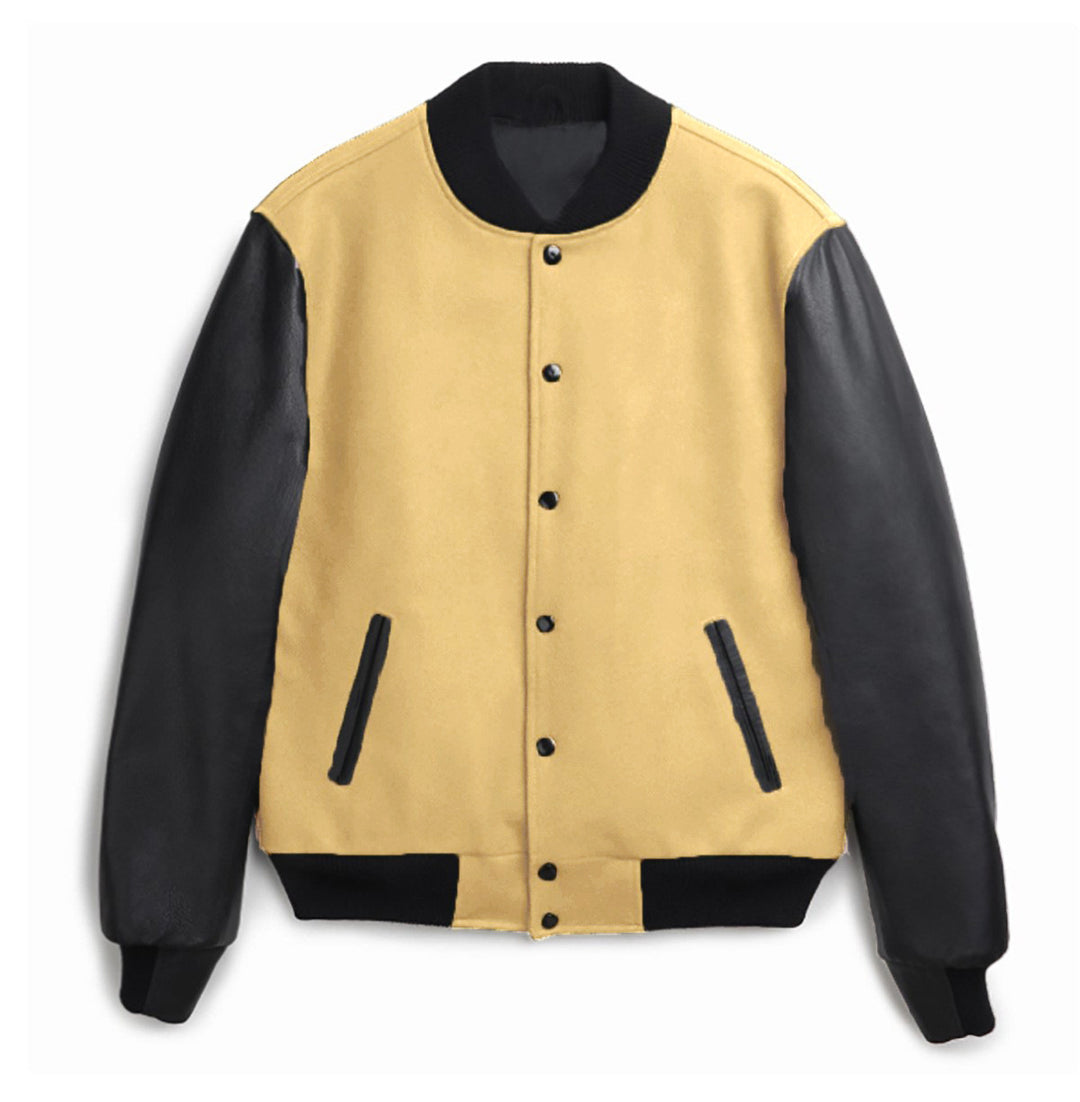 Men's varsity bomber jacket in college style with wool body and leather sleeves Mune Fashion
