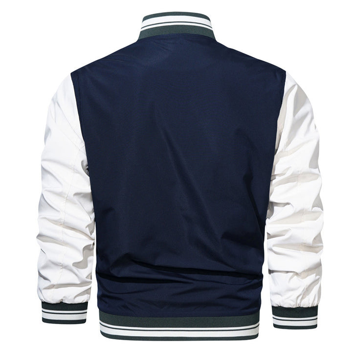 Men's College Bomber Jacket in Varsity Style with Contrast Sleeves, Snap Front and Ribbed Cuffs Mune Fashion