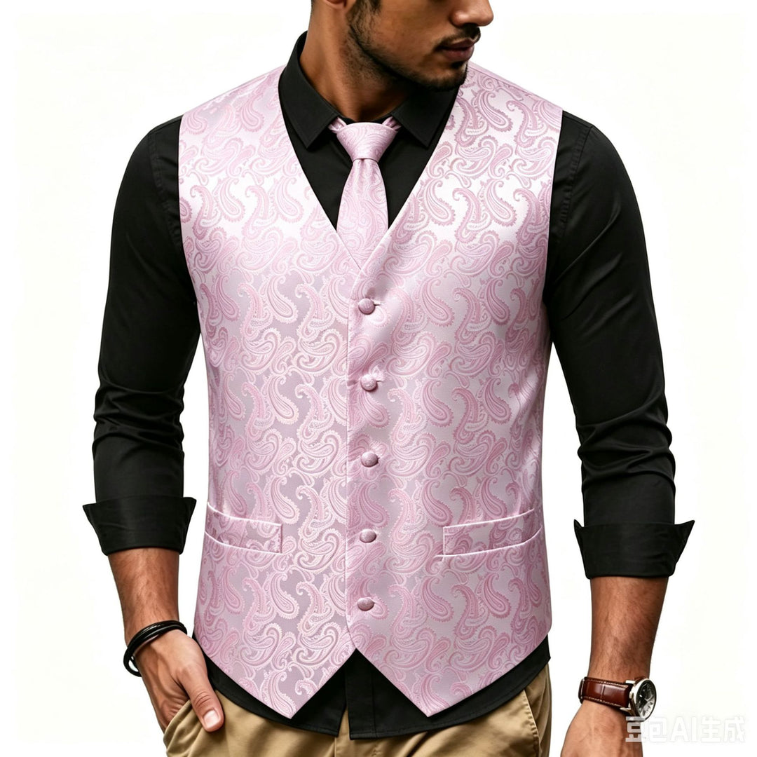Men's Satin Jacquard Vest with Paisley Pattern and Matching Tie Mune Fashion