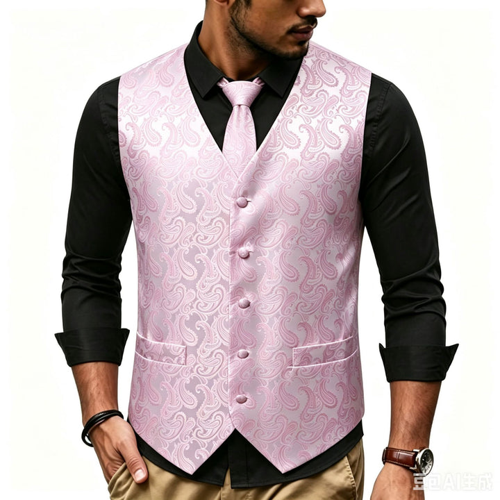 Men's Satin Jacquard Vest with Paisley Pattern and Matching Tie Mune Fashion