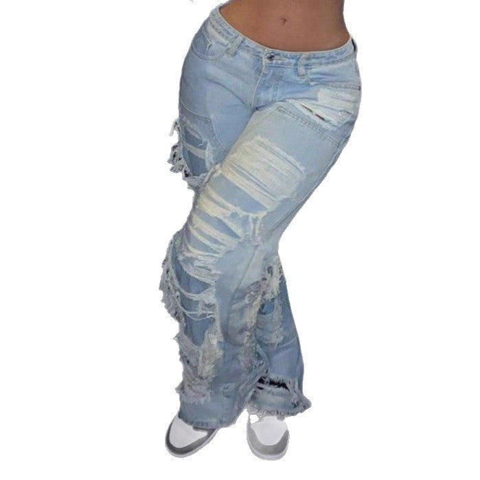 Women Baggy Denim Pants with Extra Large Destroyed Cutouts and Wide Leg Mune Fashion