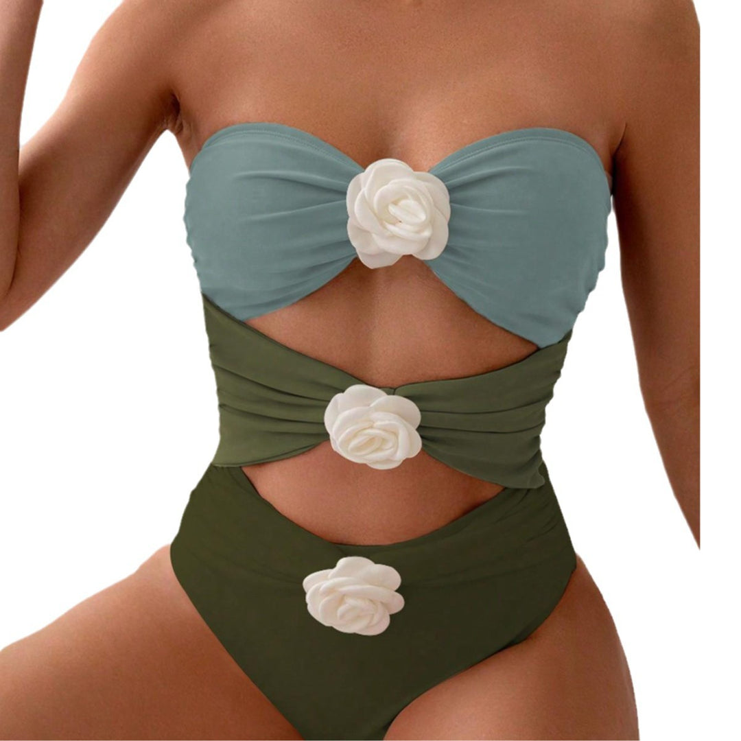 Women's bandeau swimsuit with elegant ruffles and floral accents Mune Fashion