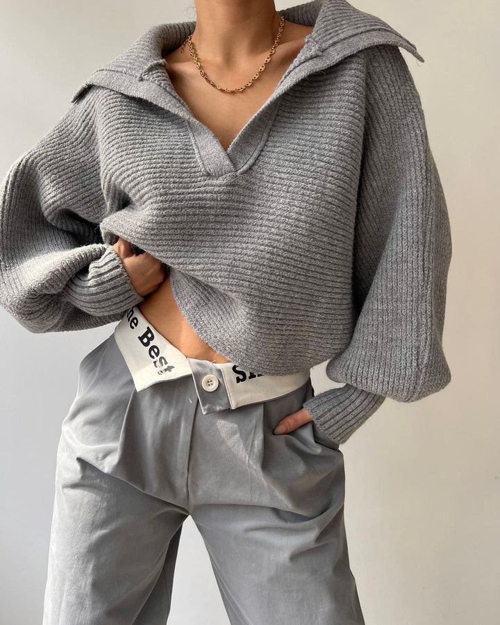Women's Oversize Rib Sweater with Lapel Collar and Deep V-Neck Mune Fashion