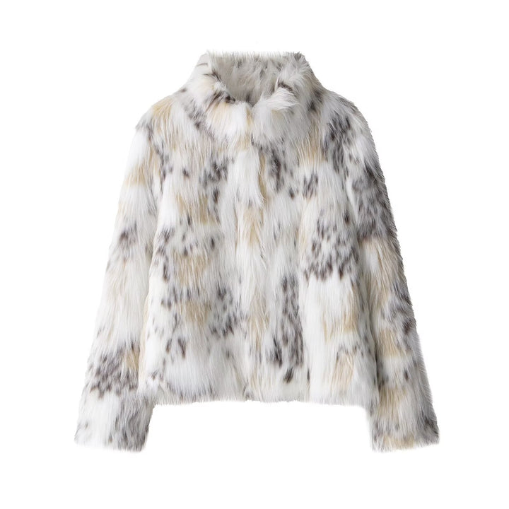 Women's short faux fur cropped jacket with stand-up collar, soft fibers and mottled texture Mune Fashion
