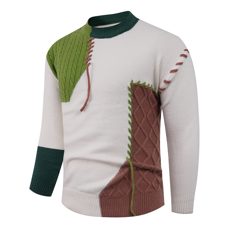 Men's Nan Patchwork Knit Pullover with Cable Knit Inserts and Decorative Seam Applications Mune Fashion