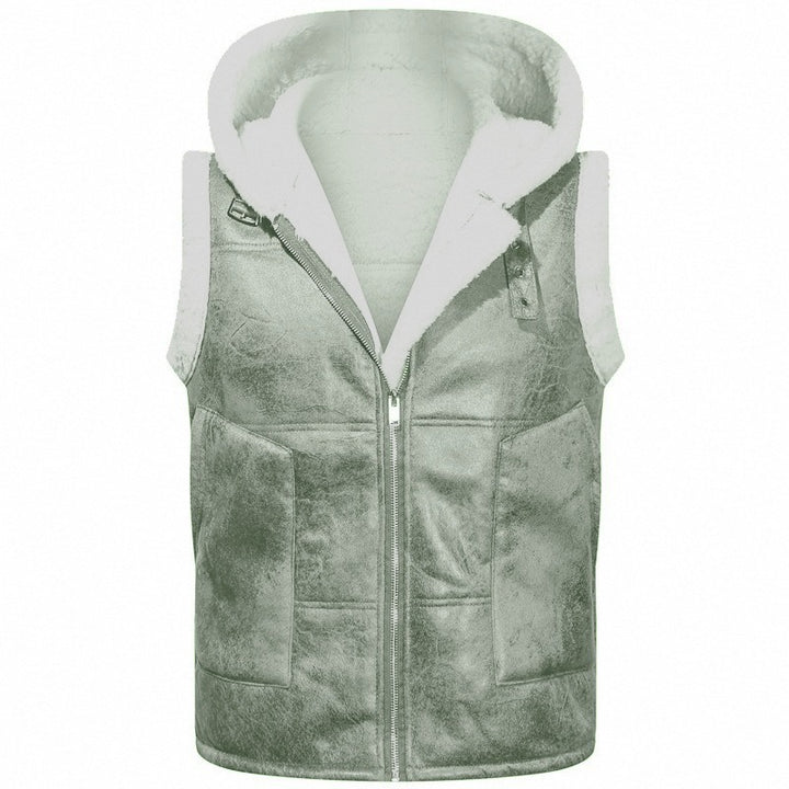 Men's Sleeveless Lambskin Imitation Vest with Hood and Continuous Zipper Mune Fashion