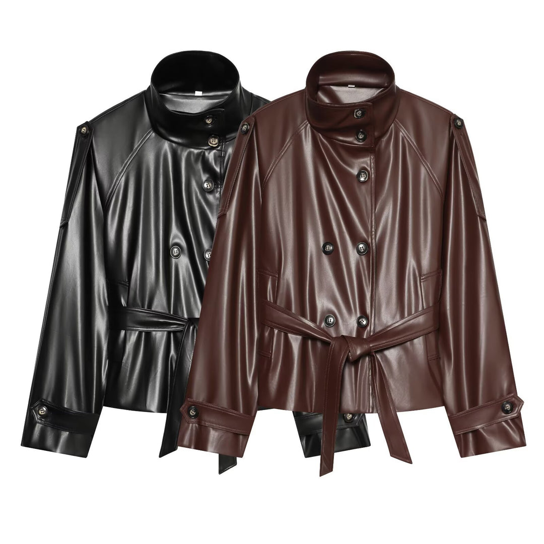Women's Short Trench Blouson in Leather Look with Waist Belt, High Standing Collar, and Double Button Placket Drune
