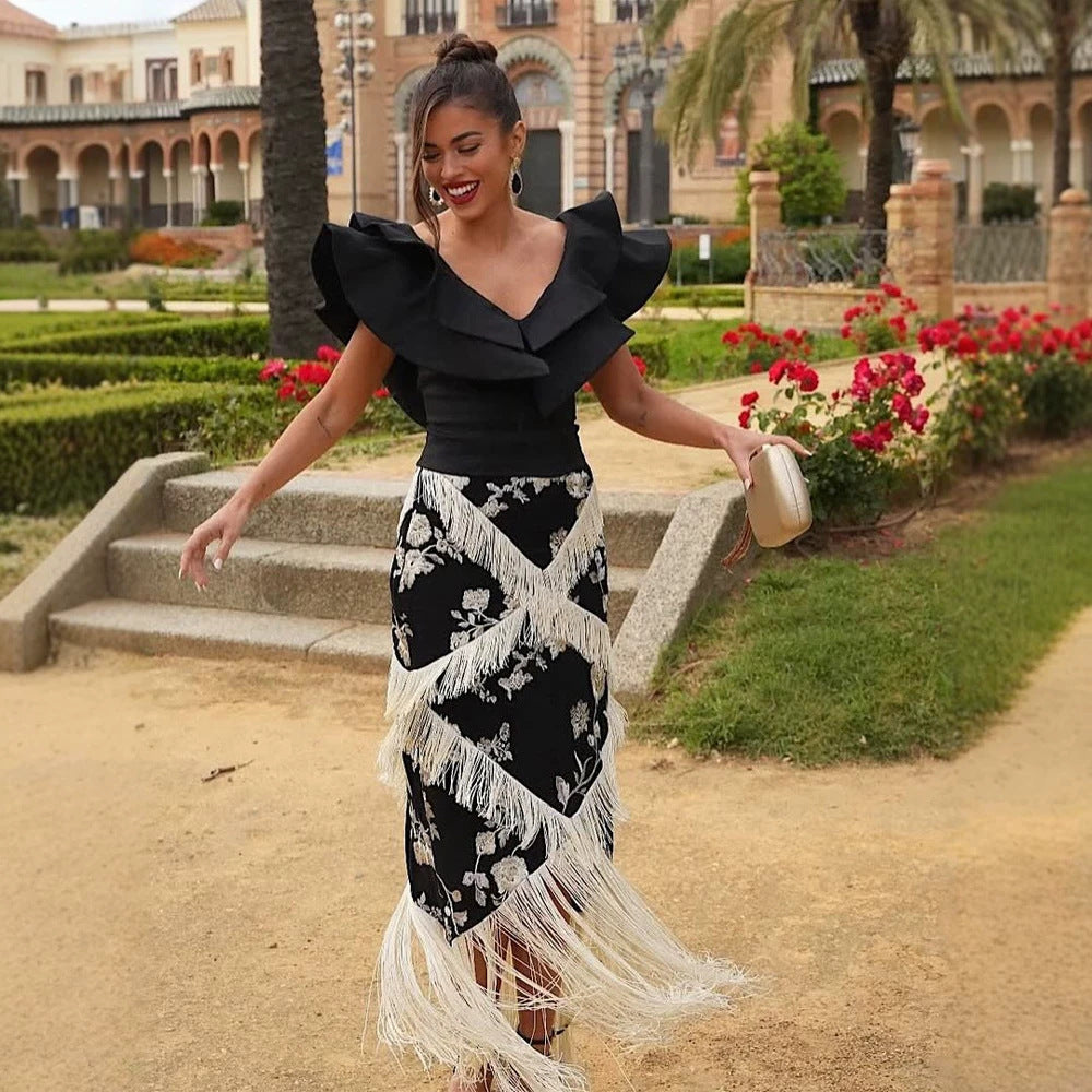 Women's Maxi Skirt with Floral Print & Layered Fringe Details Mune Fashion