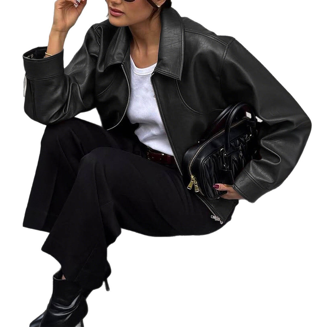Women's short oversized leather jacket with shirt collar, visible zipper, and casual silhouette Mune Fashion