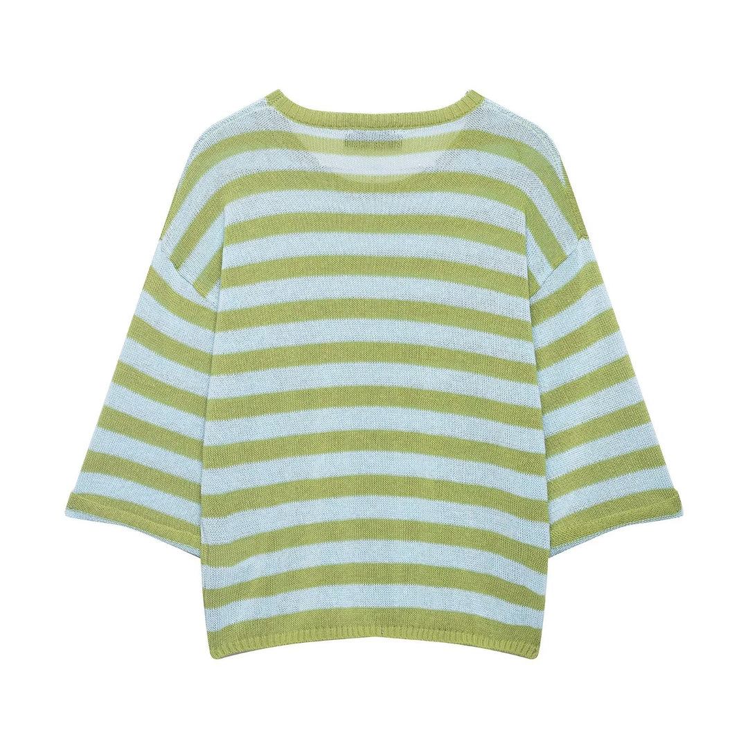 Women's Light Striped Boxy Short Sweater with Dropped Sleeves Mune Fashion