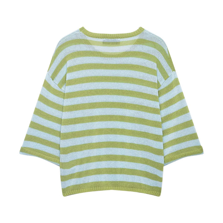 Women's Light Striped Boxy Short Sweater with Dropped Sleeves Mune Fashion