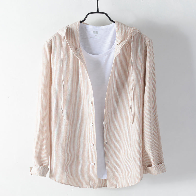 Men's Lightweight Hoodie Shirt made of Linen-Cotton Blend with Fine Stripe Structure Mune Fashion