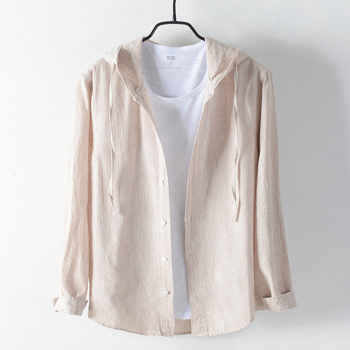 Men's Lightweight Hoodie Shirt made of Linen-Cotton Blend with Fine Stripe Structure Mune Fashion