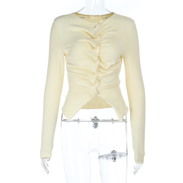 Women gathered long sleeve shirt with central ruffle and asymmetrical pointed hem Mune Fashion
