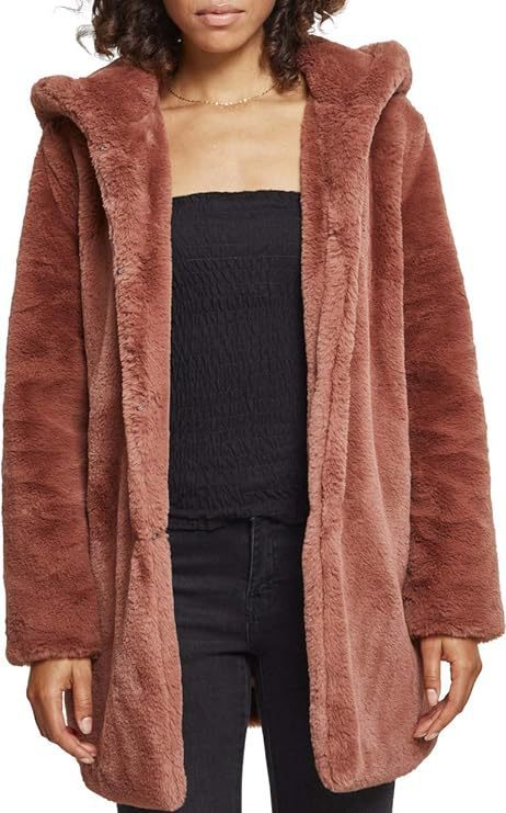 Women's Midi-Length Hooded Faux Fur Coat with Open Front and Lined Insert Pockets Mune Fashion