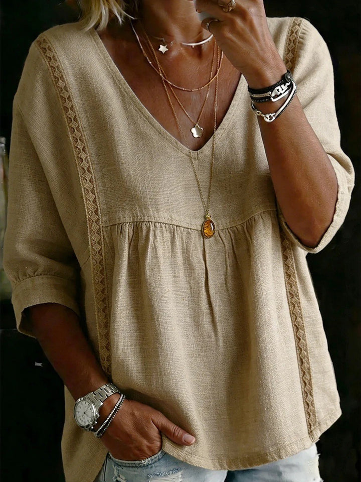 Women Loose V-Neck Linen Blouse with Lace and 3/4 Sleeves Mune Fashion