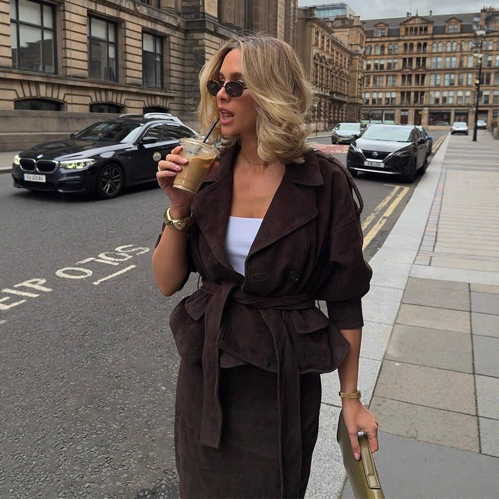 Women Velvet-Suede Trench Coat with Waist Belt and Peplum Silhouette Mune Fashion