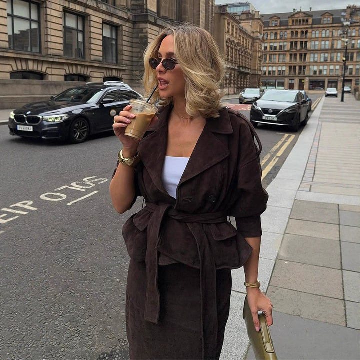 Women Velvet-Suede Trench Coat with Waist Belt and Peplum Silhouette Mune Fashion
