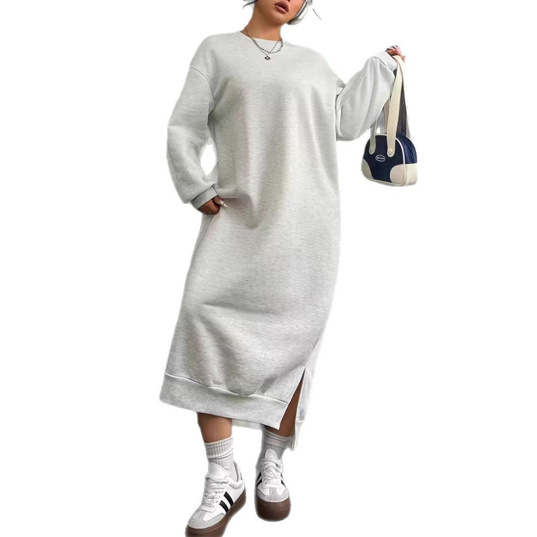 Women's Oversized Sweat Dress Midi Length with Side Slits and Ribbed Cuffs Mune Fashion