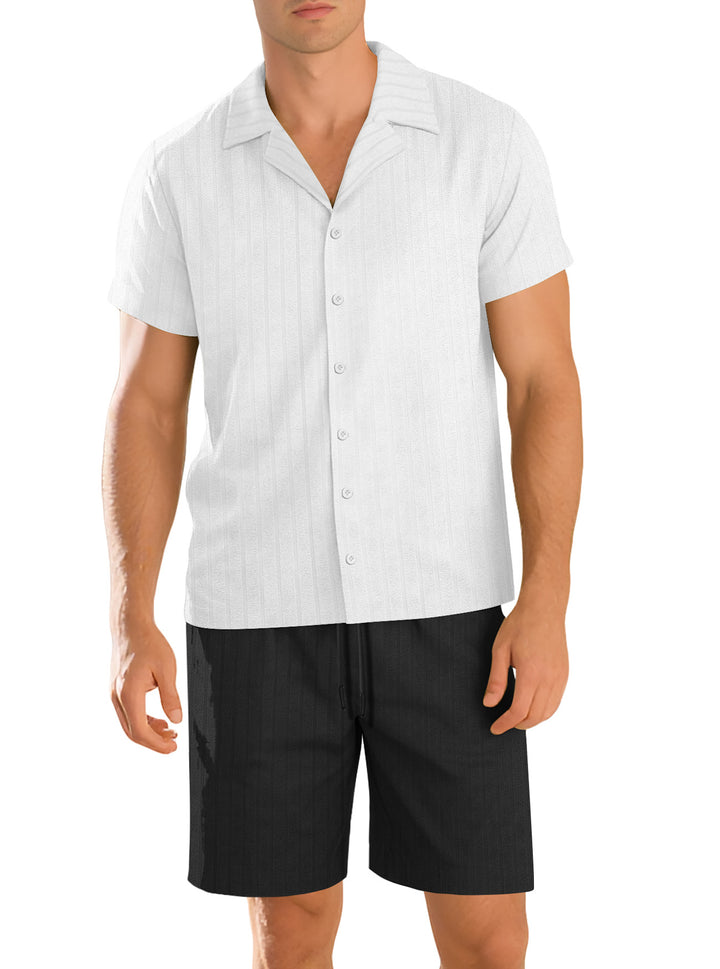 Men's ribbed knit lounge set with lapel collar short-sleeve shirt and comfort bermuda Mune Fashion