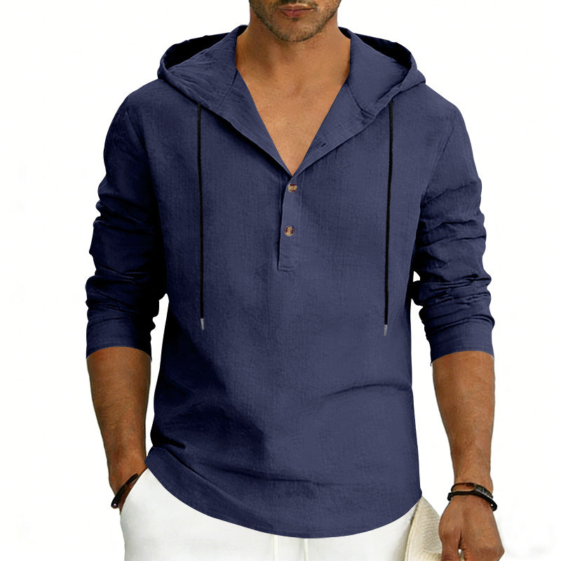 Men's Linen Henley Hooded Shirt with Short Button Placket, Hood, and Relaxed Fit Mune Fashion