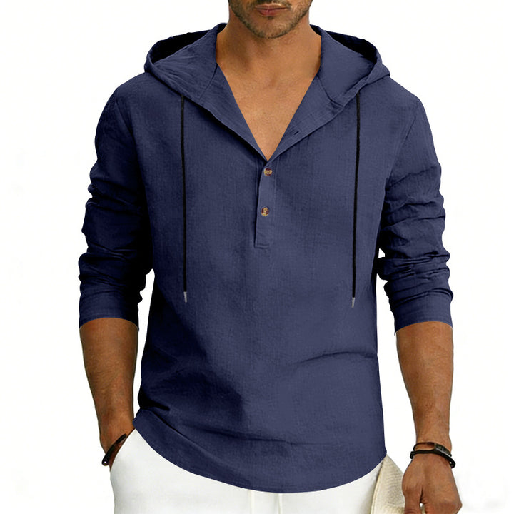 Men's Linen Henley Hooded Shirt with Short Button Placket, Hood, and Relaxed Fit Mune Fashion