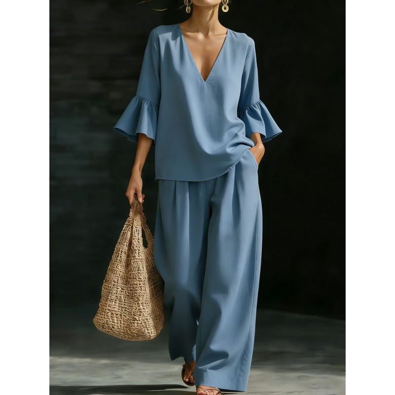 Women's Two-Piece V-Neck Tunic Set with Ruffle Sleeves and Wide High-Waisted Palazzo Pants Mune Fashion